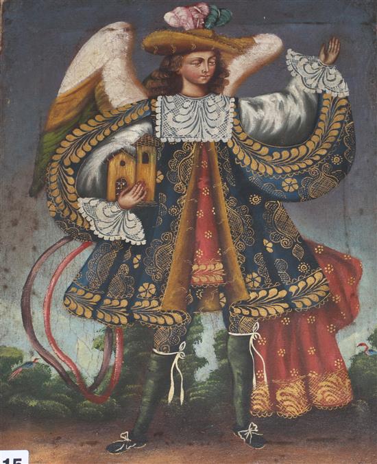 Cusco School, oil on canvas, The Archangel Gabriel, 39.5 x 30cm, unframed